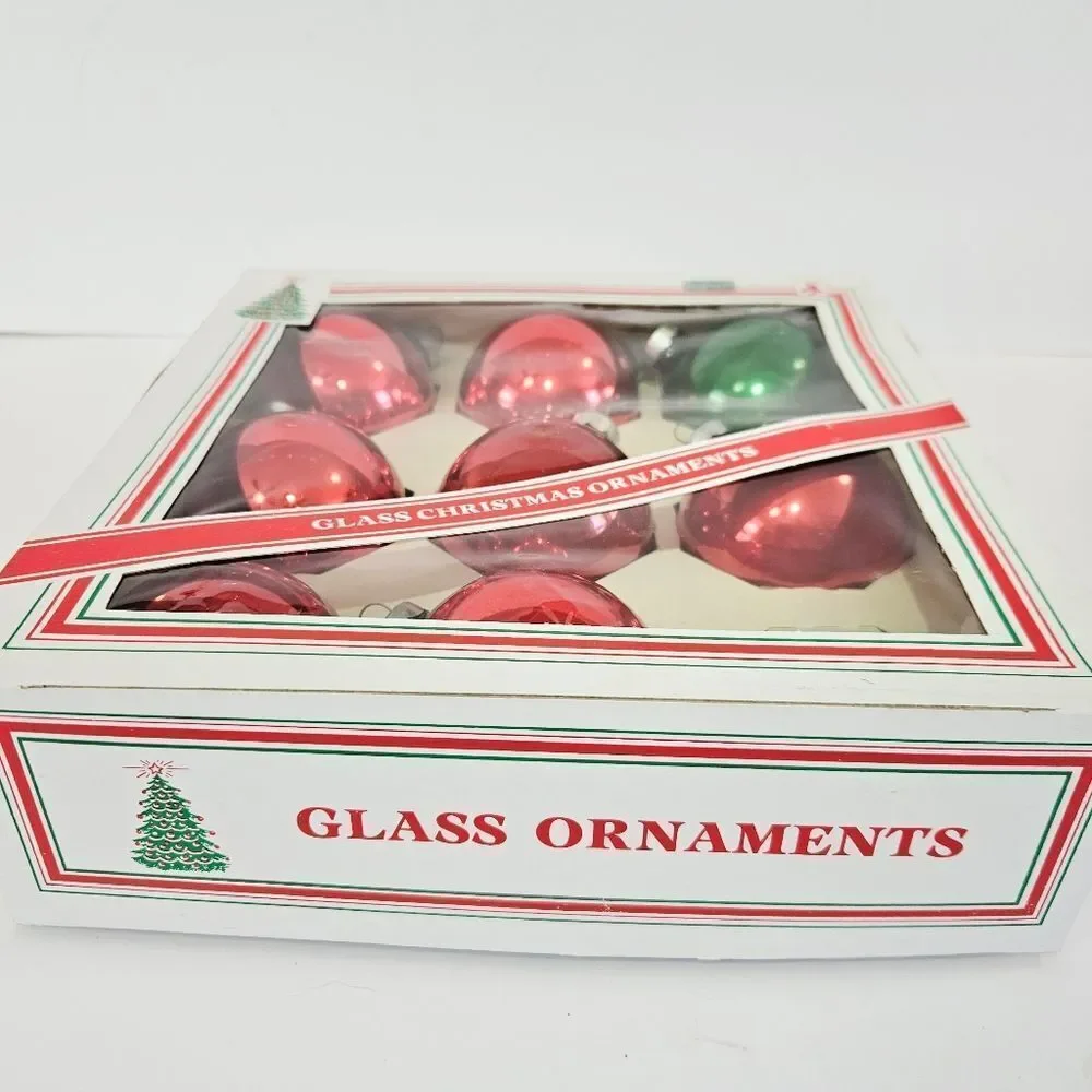 Vintage 1960's Essex Franke Red Ball Glass Christmas Ornament Set of 8 In Box